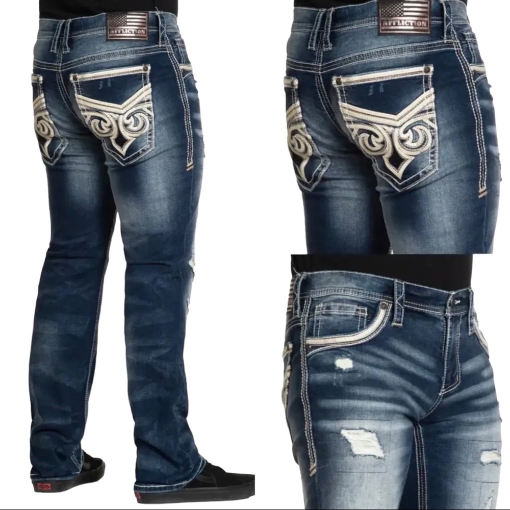 Affliction Men's Denim Jeans ACE AMEND DAYTON Embroidered Blue $135